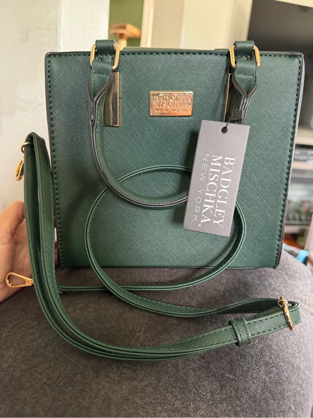 Badgley Mischka Green Structured Satchel with Gold Hardware - Picture 2 of 10